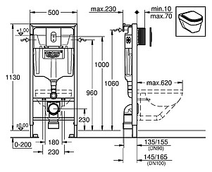 Комплект Унитаз подвесной IFO Sjoss Rimfree RP313200600 безободковый + Система инсталляции для унитазов Grohe Rapid SL 38929000 4 в 1 с кнопкой смыва