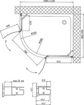 Душевой уголок Vegas Glass AFS-F 110*90 07 01 R профиль матовый хром, стекло прозрачное